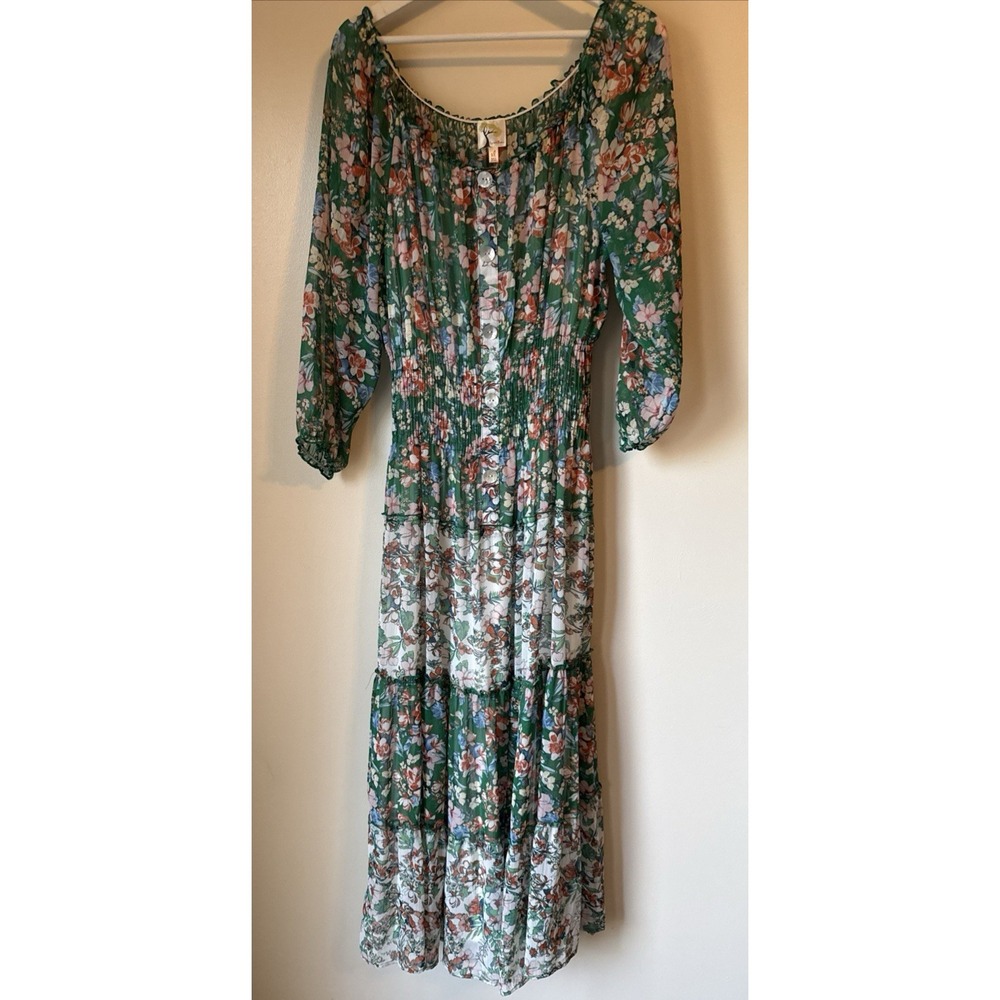 Fig &‎ Flower Womens Tiered Maxi Dress Size XL Smocked Cottagecore Floral Green